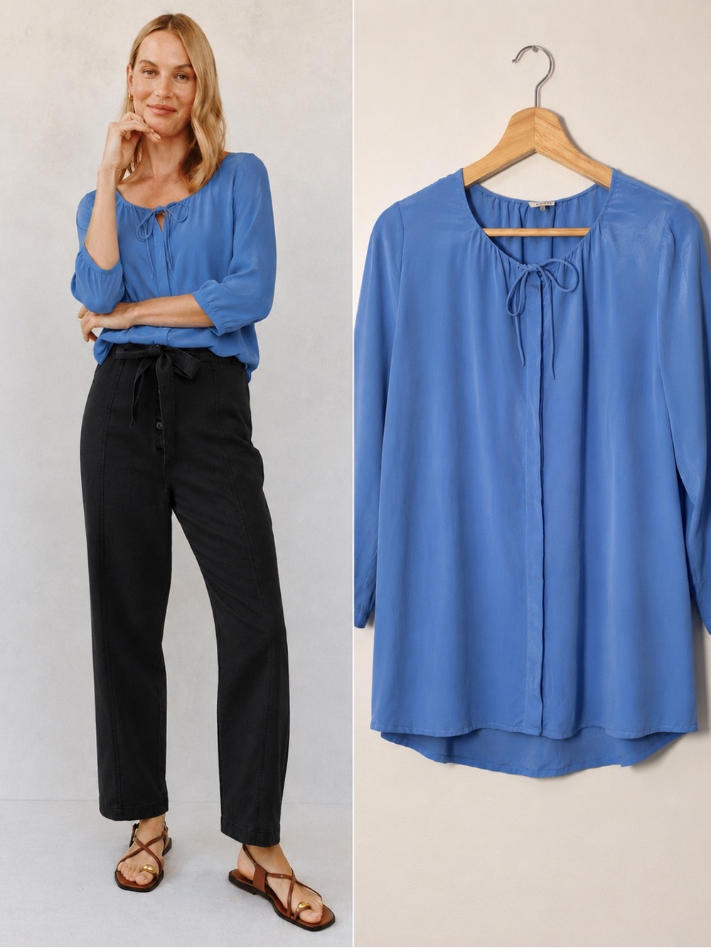 ecru Silk Cornflower Blue Tie-Neck Peasant Blouse size S